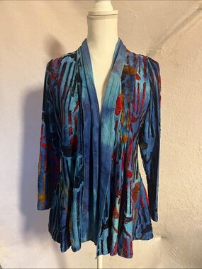 Blue Patterned Open-Front Women's Blouse
